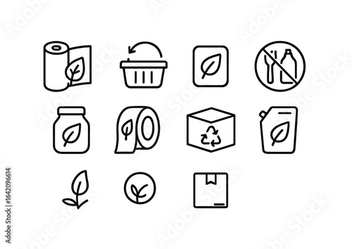Sustainable Packaging Icons. Outline vector icons of sustainable packaging: biodegradable wrap, returnable