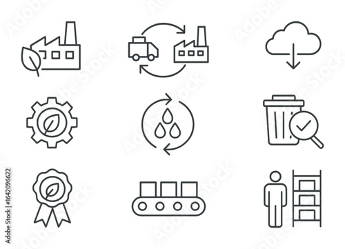 Sustainable Manufacturing Icons. Outline vector icons of sustainable manufacturing: green factory, closed-loop