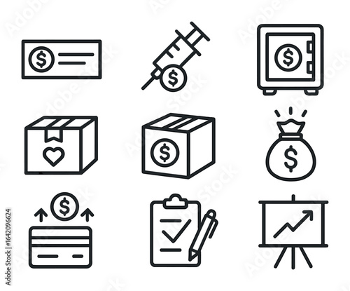 Economic Stimulus Icons. Outline vector icons of economic stimulus programs: stimulus check, fiscal injection,