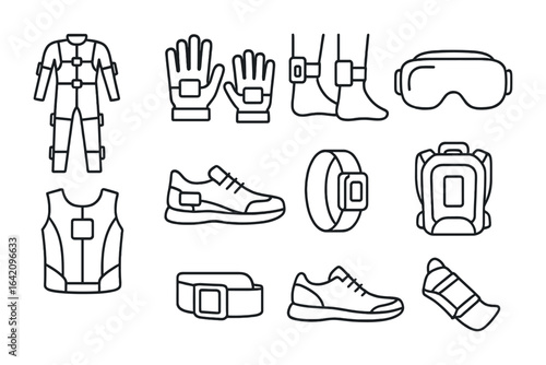 VR Accessories Icons. Outline vector icons of wearable VR accessories: sensor suit, feedback gloves, leg