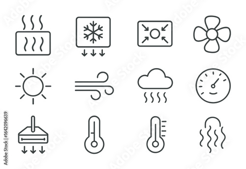 Climate Simulation Icons. Outline vector icons of temperature and climate simulation: heat module, cooling