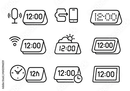 Smart Home Clock Icons. Outline vector icons of smart home clocks: voice control, connected device, LED time,