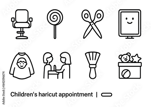 Children's Haircut Icons. Outline vector icons of children’s haircut appointment: kid’s chair, lollipop reward
