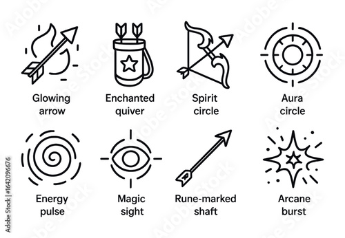 Magical Archery Icons. Outline vector icons of magical archery: glowing arrow, enchanted quiver, spirit bow,