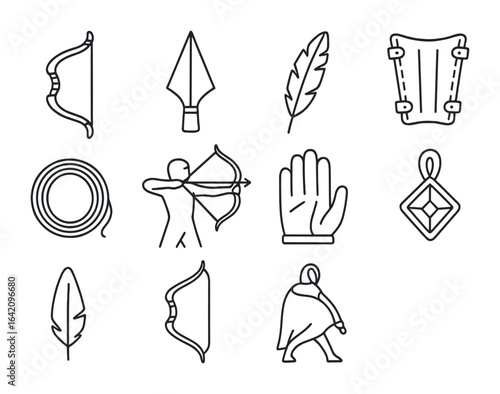 Fantasy Archery Icons. Outline vector icons of fantasy archery gear: recurve bow, arrowhead, feather fletching