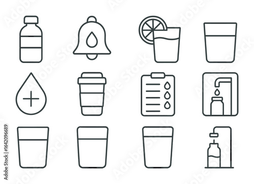 Hydration Icons Grid. Outline vector icons of hydration and wellness: water bottle, hydration reminder, lemon