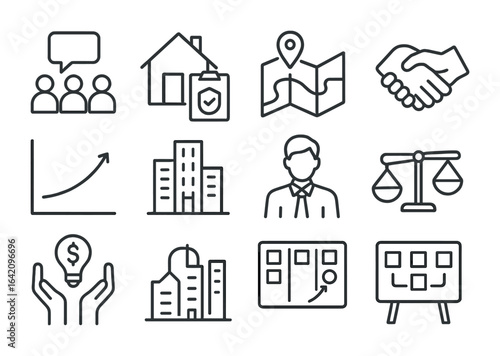 Long-term Recovery Icons. Outline vector icons of long-term recovery planning: community meeting, rebuild plan