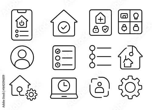 Home Automation Icons. Outline vector icons of home automation apps and dashboards: mobile control panel, home