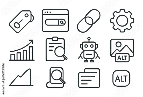 SEO Icons Grid. Outline vector icons of search engine optimization (SEO): keyword tag, SERP icon, backlink