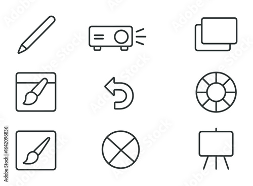 Digital Art Tools Icons. Outline vector icons of digital live painting shows: tablet stylus, screen projector,