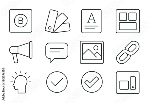 Brand Icons Grid. Outline vector icons of branding and visual identity: brand logo, color palette, typography