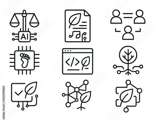 Ethical AI Icons. Outline vector icons of ethical AI for the environment: AI ethics scale, green regulation,
