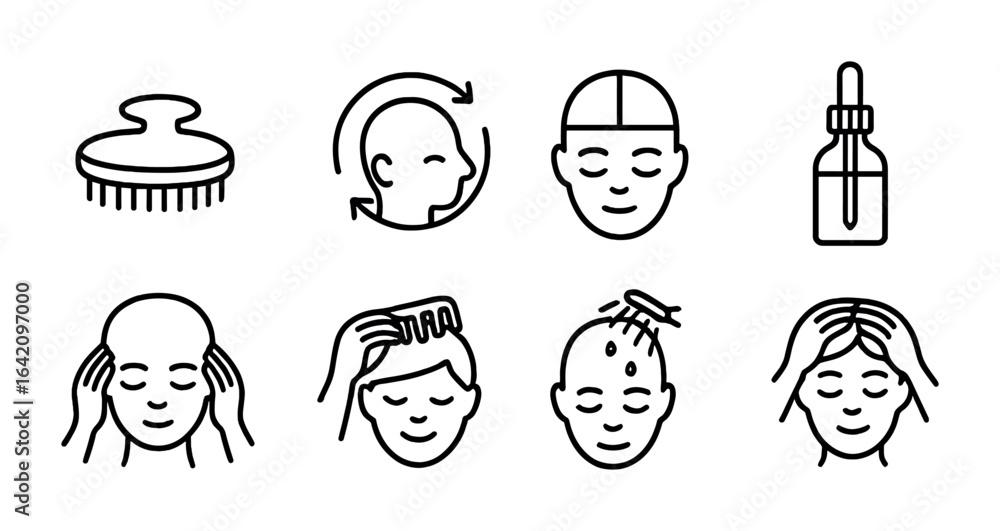 Fototapeta premium Head Massage Icons. Outline vector icons of scalp and head massage: scalp brush, circular motion, head zone
