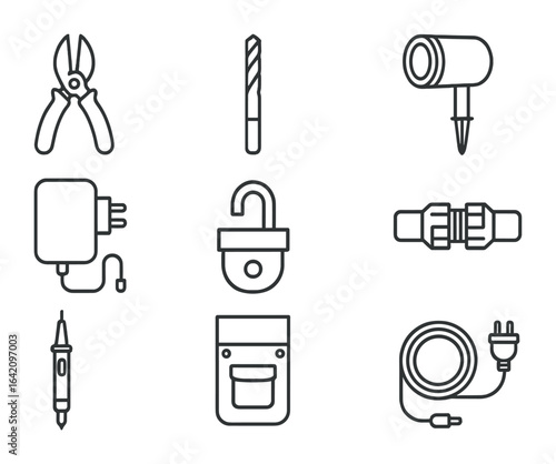 Garden Lighting Tools Icons. Outline vector icons of garden lighting tools and setup: wire cutter, drill bit,