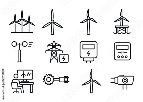 Wind Energy Icons. Outline vector icons of wind energy solutions: wind farm, turbine blade, offshore platform,