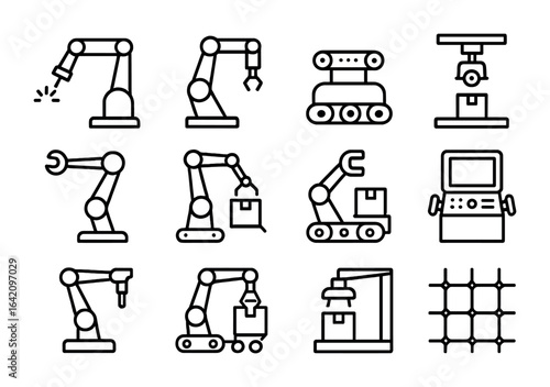 Industrial Robot Icons. Outline vector icons of industrial robots: robotic welder, pick-and-place arm,