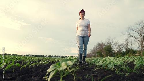 Agriculture, Female farmer evaluating farmland, Digital agriculture landscape, Woman checking young plants, Technology supported farming, Agricultural research in field, Green and fertile landscape