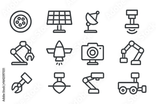 Space Exploration Icons. Outline vector icons of space exploration robots: rover wheel, solar panel, data