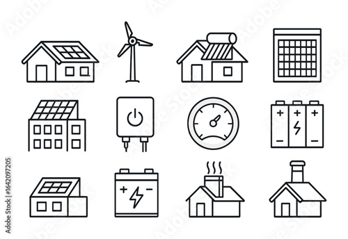 Renewable Energy Icons. Outline vector icons of renewable energy in buildings: rooftop solar, wind