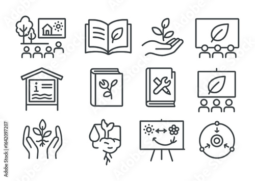 Eco-Village Education Icons. Outline vector icons of community education in eco-villages: outdoor classroom,