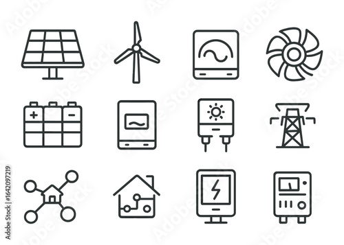 Renewable Energy Icons. Outline vector icons of renewable energy systems: solar panel, windmill, hydro turbine