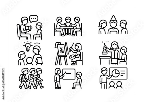 Classroom Activity Icons. Outline icon set of classroom activities: storytelling, group work, role play,