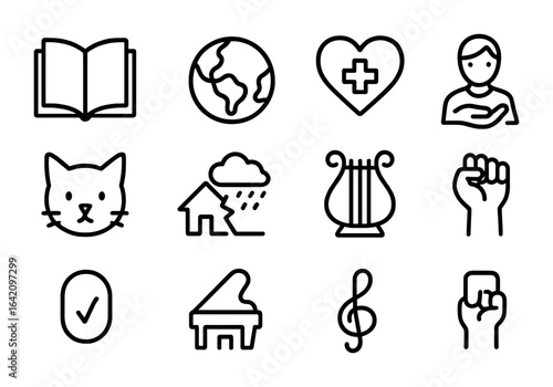 Charity Icon Set. Outline icon set of charitable causes: education, environment, health, poverty alleviation,