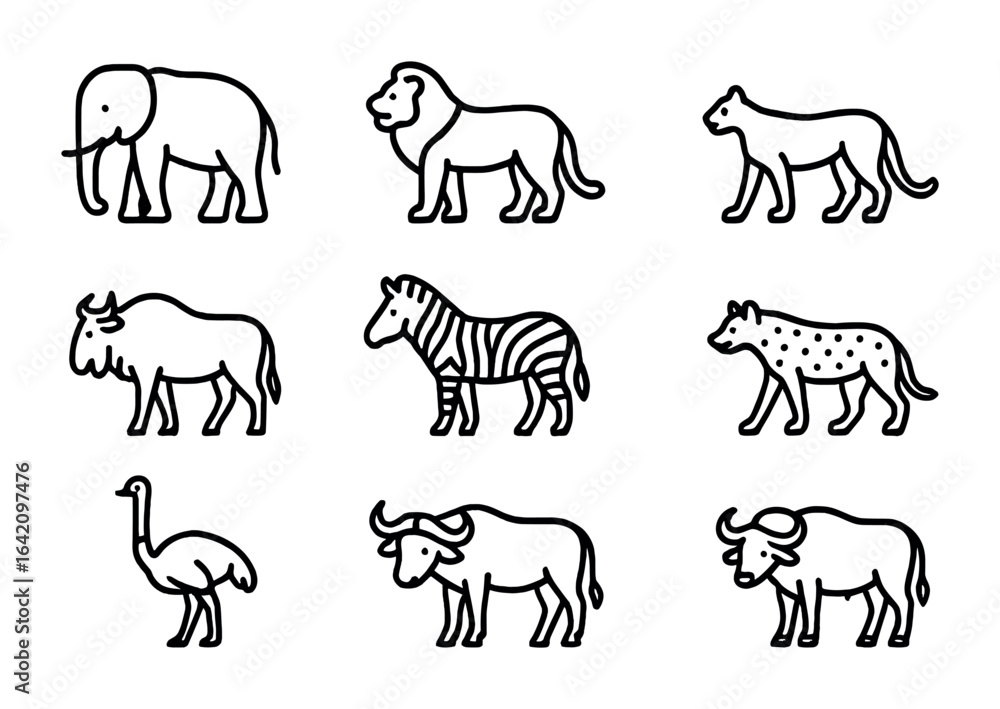 Fototapeta premium Savanna Animal Icons. Outline icon set of savanna animals: elephant, lion, cheetah, wildebeest, zebra, hyena,