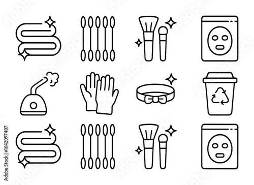Facial Treatment Icons. Outline icon set of facial treatment cleanliness: clean towels, disposable applicators
