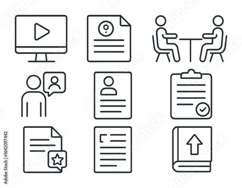 Interview Prep Icons. Outline icon set of interview preparation resources: online courses, practice questions,