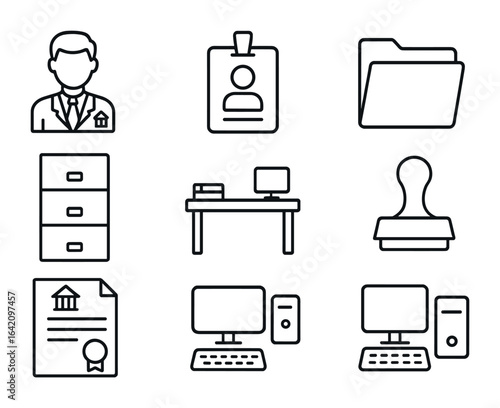 Public Administration Icons. Outline icon set of public administration: government employee, ID badge, filing