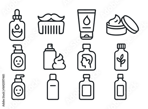 Grooming Icons Collection. Outline icon set of male and female grooming: beard oil, moustache comb, hair gel,