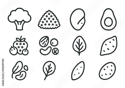 Healthy Ingredients Icons. Outline icon set of healthy ingredients: broccoli, quinoa, chicken breast, avocado,