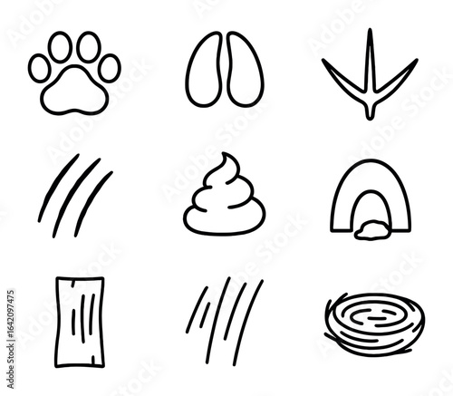 Animal Tracks Icons. Outline icon set of animal tracks and signs: paw print, hoof print, bird footprint, claw