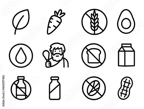 Dietary Icons Grid. Outline icon set of dietary preferences: vegan, vegetarian, gluten-free, keto, paleo,