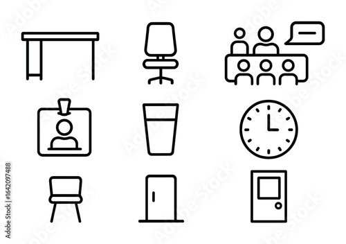 Interview Icon Set. Outline icon set of interview settings: office desk, chair, conference room, video call