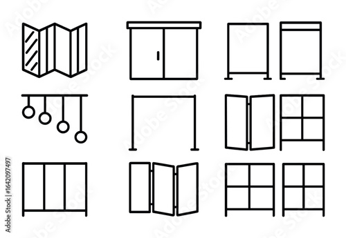 Space-Saving Divider Icons. Outline icon set of space-saving room dividers: accordion folding, sliding door,