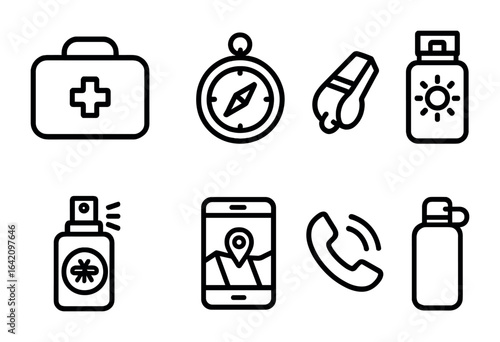 Family Safety Icons. Outline icon set of family safety on nature walks: first aid kit, compass, whistle,