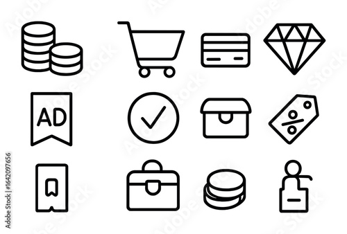 Game Monetization Icons. Outline icon set of game monetization: coin stack, shopping cart, credit card, gem