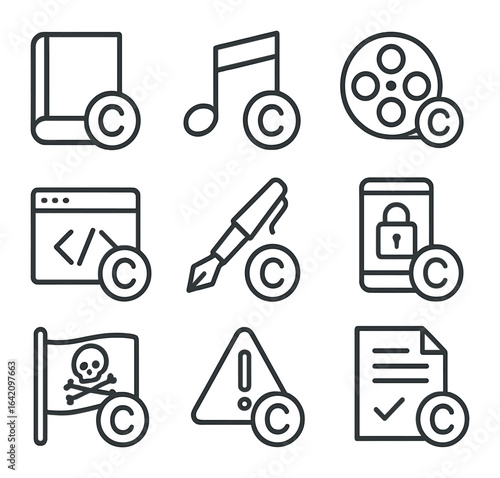 Copyright Icons Grid. Outline icon set of copyright protection: book copyright, music note, film reel,