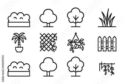 City Greenery Icons. Outline icon set of city greenery features: decorative hedge, trimmed bush, urban tree,