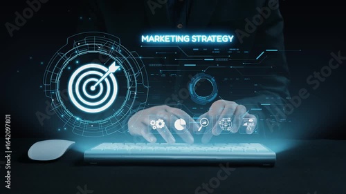 Wallpaper Mural A person types on a sleek keyboard, surrounded by a glowing interface that features marketing strategy elements, target goals, and analytics for effective business growth. Qubit Torontodigital.ca