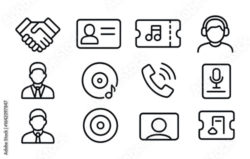 Music Industry Icons. Outline icon set of music industry networking: handshake icon, contact card, industry