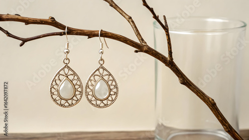 Earring Mockup Hanging From Glass Tree Branch