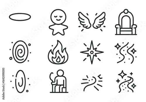 Celestial Icon Set. Outline icon set of celestial beings and symbols: halo icon, astral body, glowing wings,