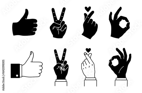 Vector art of set of hand gestures and signs including thumbs up, peace sign, heart sign, and okay sign isolated on white background
