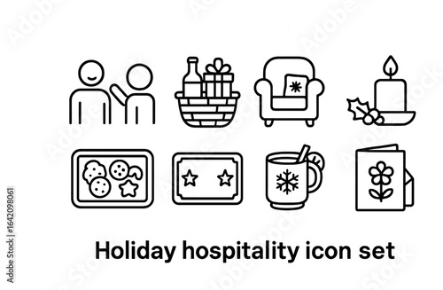 Holiday Hospitality Icons. Outline icon set of holiday hospitality: guest welcome icon, gift basket, cozy seat