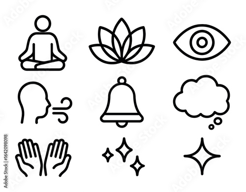Mindfulness Icon Set. Outline icon set of mindfulness and presence: seated posture, lotus icon, focus eye,