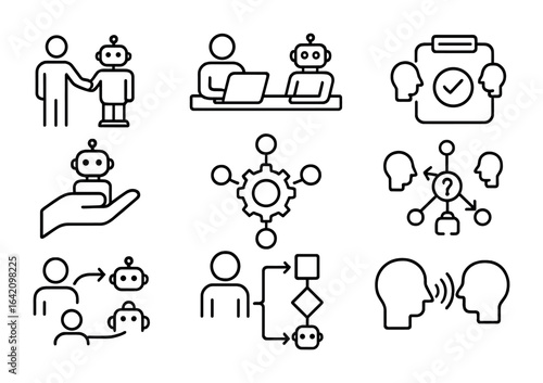 Human-AI Collaboration Icons. Outline icon set of human-AI collaboration: teamwork icon, co-working bot,