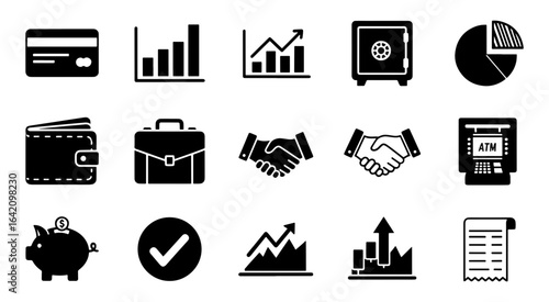 Vector art of collection of finance and business icons isolated on white background